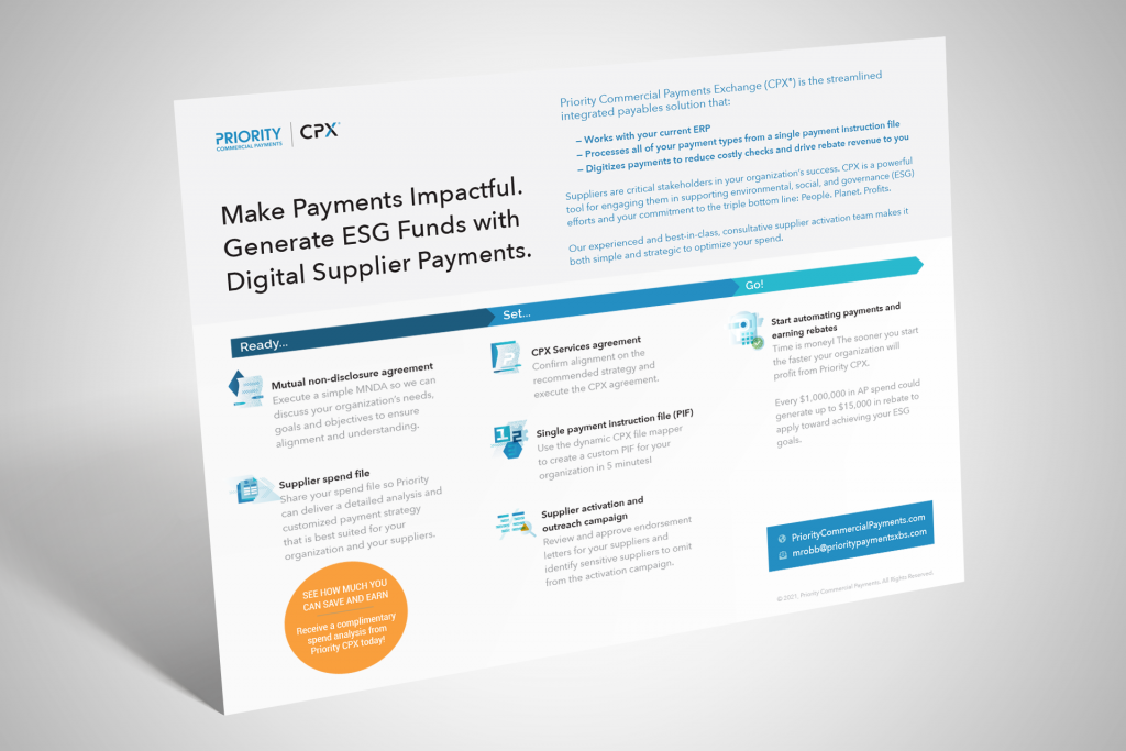 Make Payments Impactful. Fund ESG Initiatives with Priority CPX.
