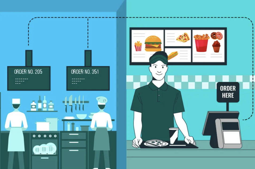 clip art restaurant back of house cooking, front of house cashier working at a fast food restaurant