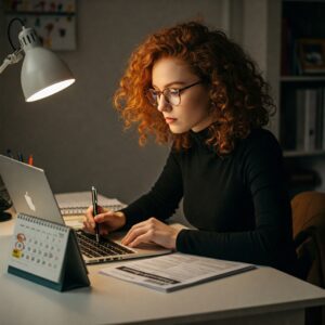 A person sitting at a desk working on their tax payments