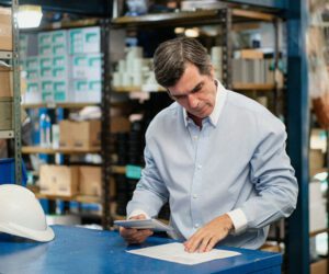 A man in a blue shirt is standing in a warehouse, reviewing paperwork while holding a tablet. A white hard hat is placed on a nearby surface. The background shows shelves filled with boxes and materials.