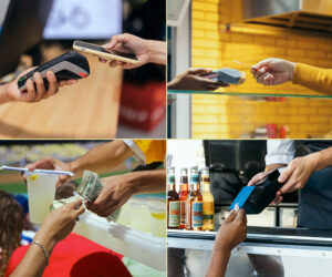 Customers using mobile, card, cash, and contactless payment methods at various businesses.