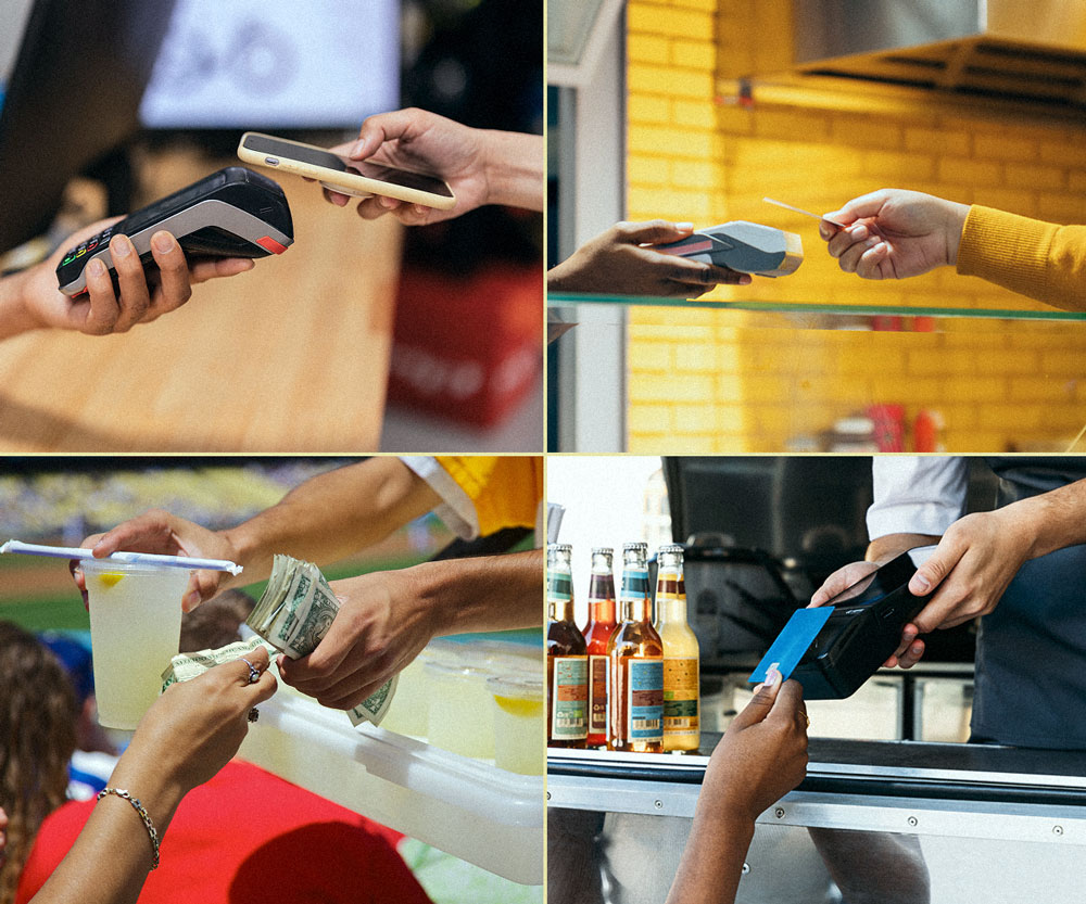 Customers using mobile, card, cash, and contactless payment methods at various businesses.