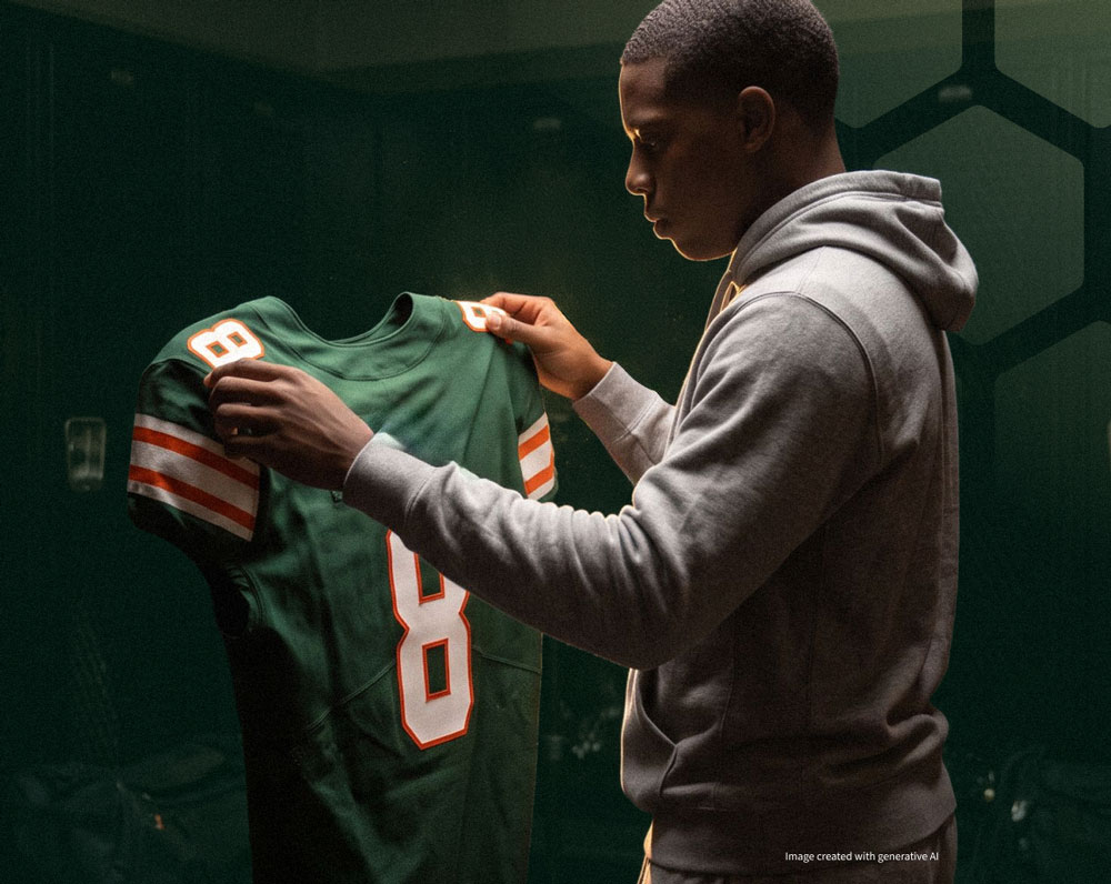 College football player in a gray hoodie holds up a green number 8 jersey in a locker room.